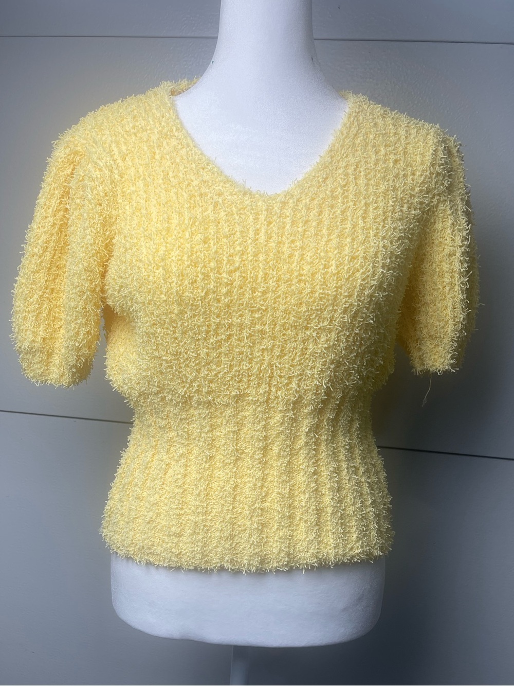 Chicwish Sunny Yellow Textured V-Neck Short Sleeve Sweater - Picture 2 of 10